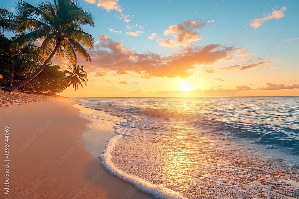 Aufkleber breathtaking tropical beach sunset with palm trees and golden light reflecting on the gentle waves :