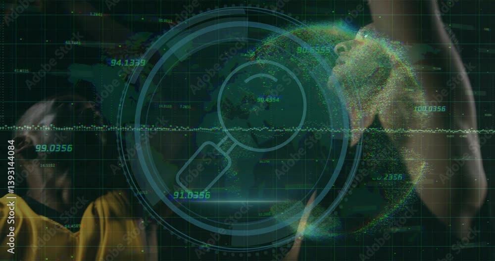 Poster magnifying glass and data processing animation over digital world map