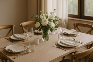 Elegant Dining Table Set for a Gathering With Fresh Flowers in a Cozy Room