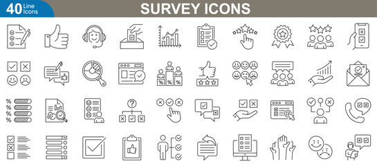 Survey icons set. Flat line icons including questionnaire, feedback form, multiple choice, rating, analytics, polls, response tracking, survey tools and more. Vector illustration