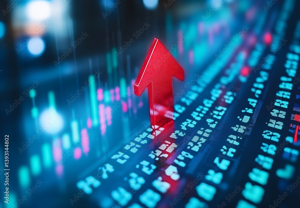 Poster Closeup view of digital market data highlighted by a rising red arrow indicating upward trend in finance : Generative AI