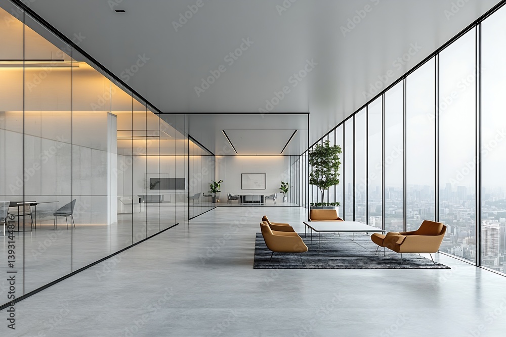 Poster contemporary office space with panoramic city view and minimalist design for high end business envir