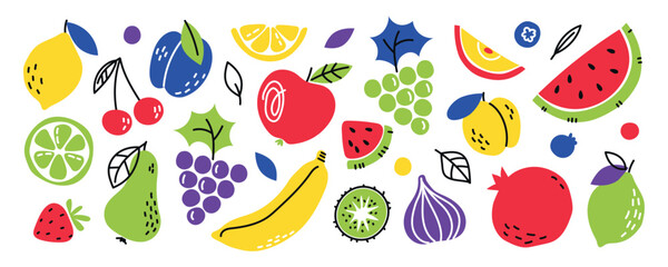 Fruits or berries hand drawn doodle set. Sliced ​​and whole lemon, apple, watermelon, banana. Juicy fresh vegetarian healthy food. Hand drawn vector