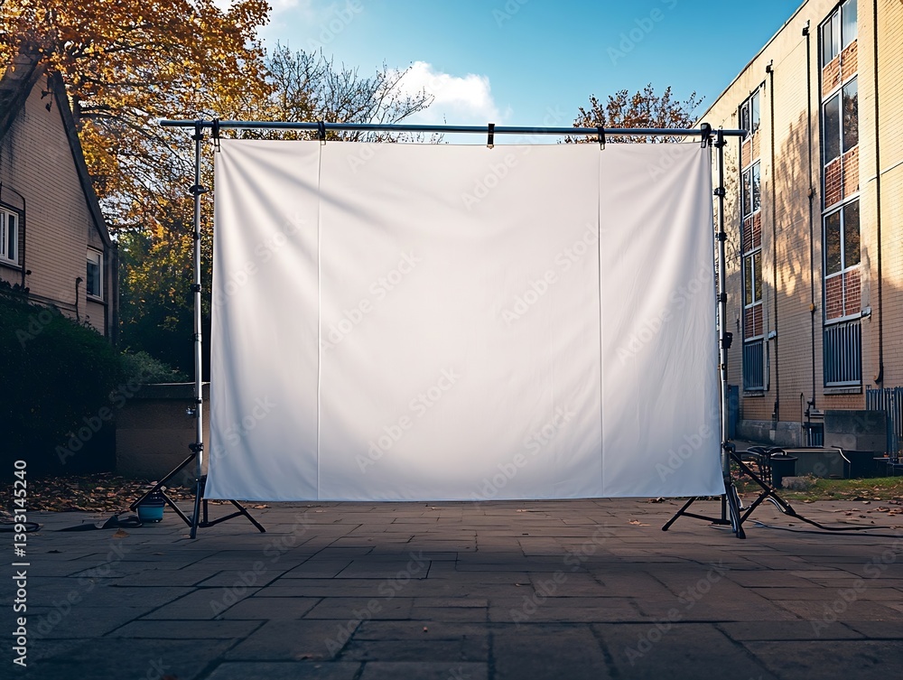 Poster outdoor backdrop with white screen in autumn setting for photography and event staging : generative 