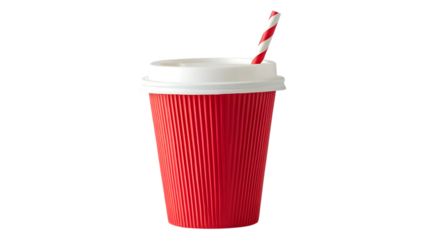 Red paper cup with white plastic lid and striped straw isolated on white background