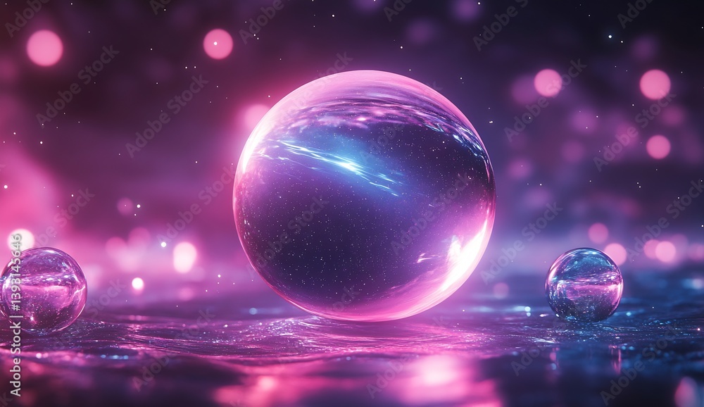 Poster dreamlike glass bubbles emitting soft reflections with a blend of purple and blue in a mesmerizing a
