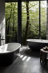A bathroom with two bathtubs and a wooden stool