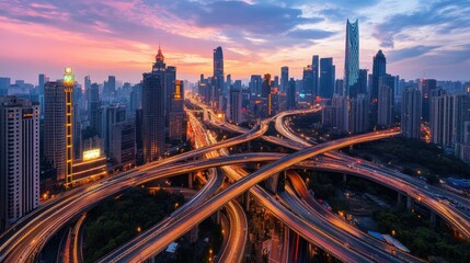 Fototapeta premium A sprawling cityscape with a complex network of illuminated highway overpasses at dusk. Modern architecture meets vibrant light trails