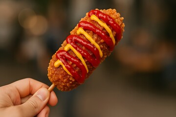 Delicious Korean-style hot dog held by a hand with blurred background. Crispy, cheesy, and golden brown, perfect for street food, snack, or fast food themes.Generative AI