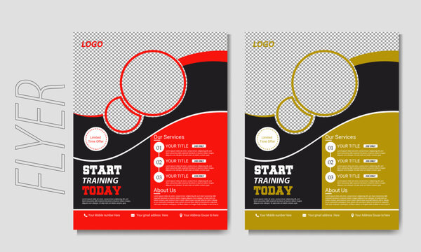 Modern GYM Fitness Flyer design set of vector template with abstract shapes. Unique bodybuilding  clean professional flyer and A4 size design template.  