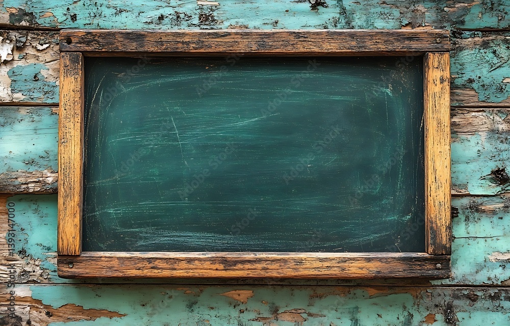 Poster Rustic Empty Chalkboard with Wooden Frame on Textured Turquoise Wall Perfect for Messages or Advertisements : Generative AI