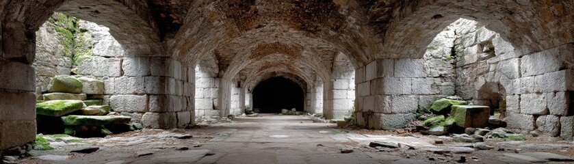 A crumbling medieval stone room with subtly lit arches, highlighting the passage of time and decay - aged landmark architecture