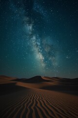 Expansive Night Sky Above Desert Dunes With Spiral Galaxy Swirling Above