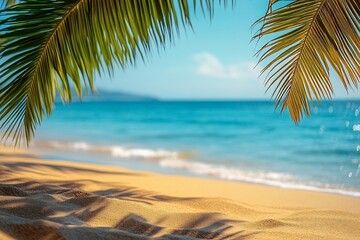 Obraz premium Tropical Beach Paradise with Palm Leaves Framing Turquoise Sea and Golden Sand Sunlight Tranquility for Travel Imagery : Generative AI
