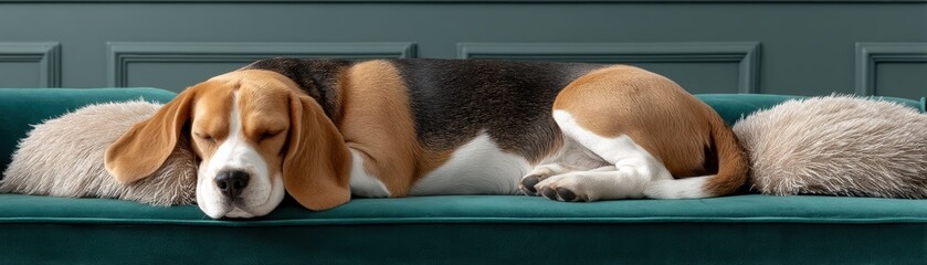 A tired beagle stretches out fully on a velvet sofa, head resting on a fluffy throw pillow - room fluffy interior relaxation loyal
