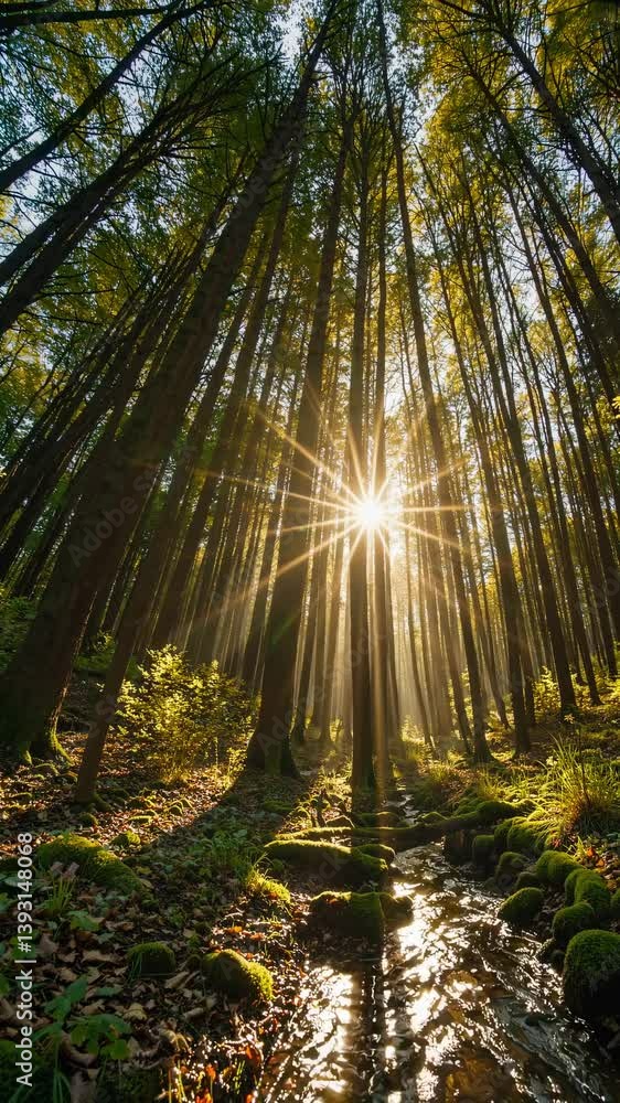 Poster sunlight streams through tall trees in a lush forest, captured from a low angle, creating a serene, 