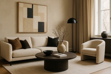 Modern Living Room Design Featuring Neutral Tones and Minimalist Decor in a Spacious Apartment