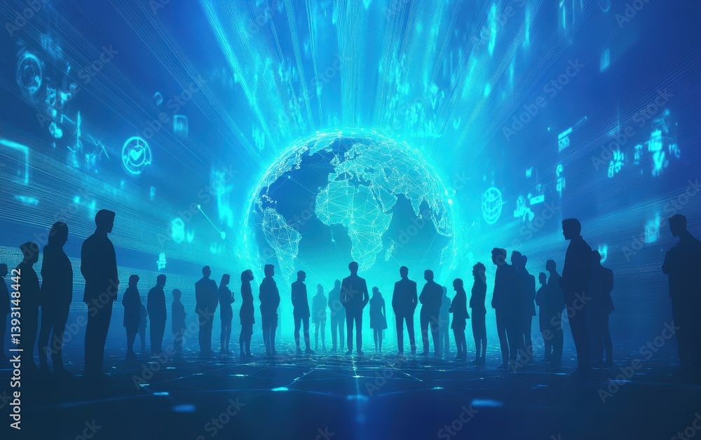 Poster a digital illustration of business people in silhouette standing around an interactive globe with gl