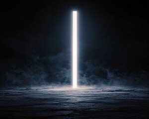 A glowing vertical light beam pierces through dark fog, creating a dramatic contrast in an ethereal atmosphere.
