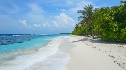 A peaceful beach with gentle waves and soft, white sand stretching to the horizon 