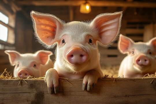 Cute Pink Piglets in Barn Looking Over Wooden Fence Adorable Farm Animals Happy Pig Family Piggy Bank Concept : Generative AI - Powered by Adobe