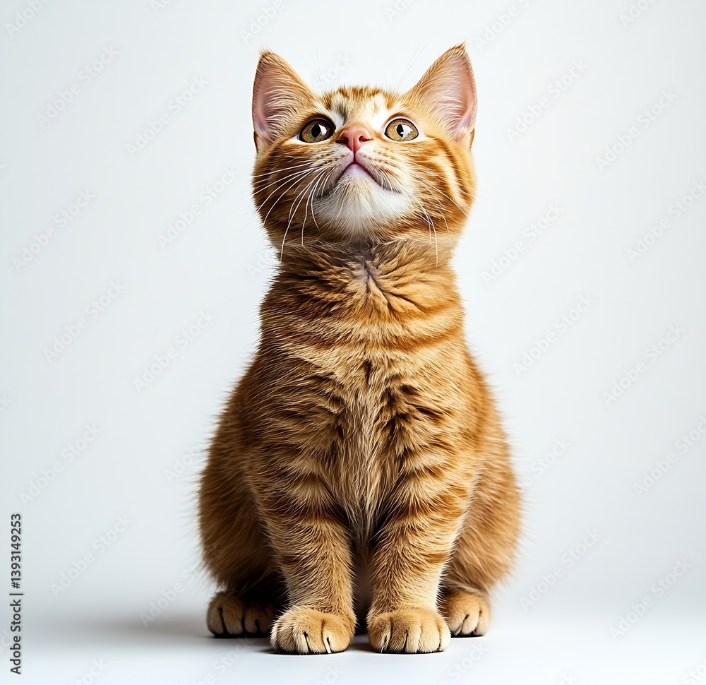 Poster adorable ginger tabby kitten looking up with wide eyes on white background studio shot : generative 