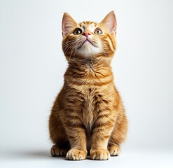 Obraz premium Adorable Ginger Tabby Kitten Looking Up with Wide Eyes on White Background Studio Shot : Generative AI