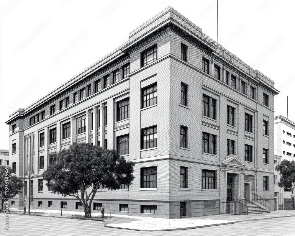 Poster close-up of architectural sketch, showing building facade - development building draft