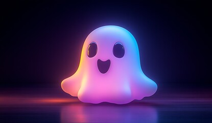 Cute transparent ghost character glowing in pastel colors with a happy expression on a dark background : Generative AI