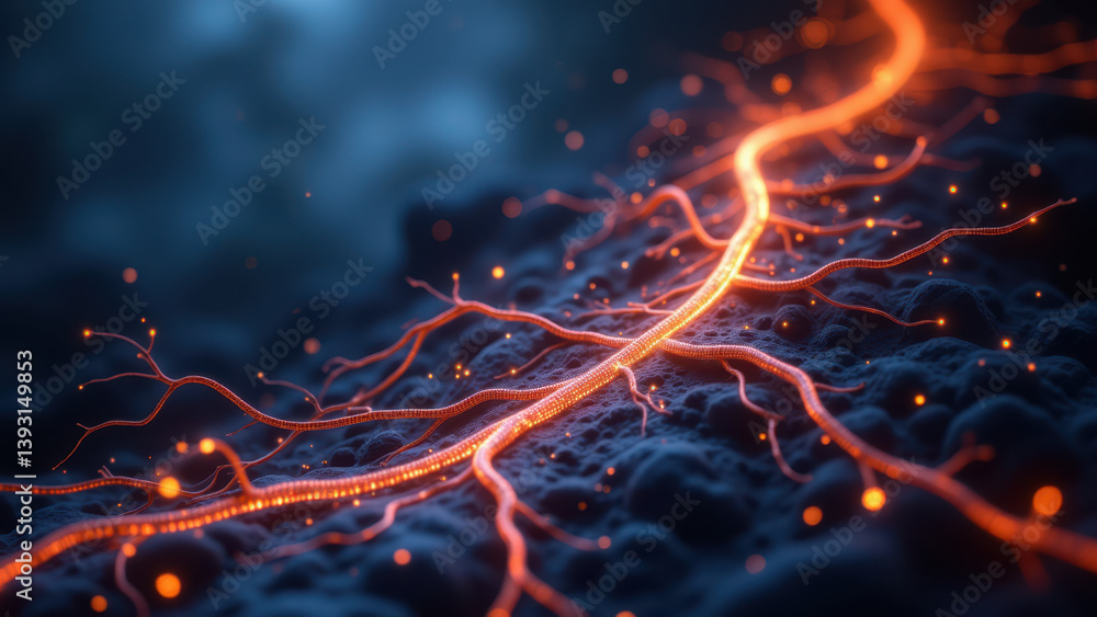 Poster a close-up view of a neuron network with violet hues and orange sparks, illustrating the concept of 