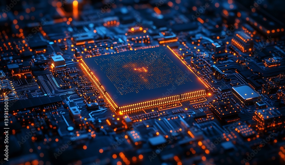 Aufkleber Intricate closeup view of a glowing computer circuit board filled with neon lights and microchips : Generative AI