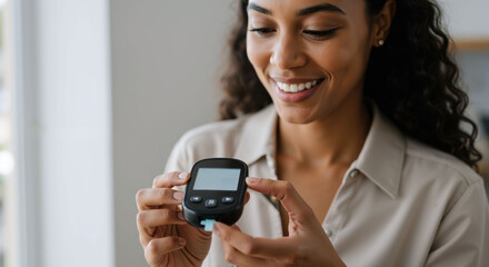Smiling woman using glucose meter to check blood sugar levels. Health monitoring, diabetes management, medical device concept. Self-care, patient empowerment, chronic disease management.
