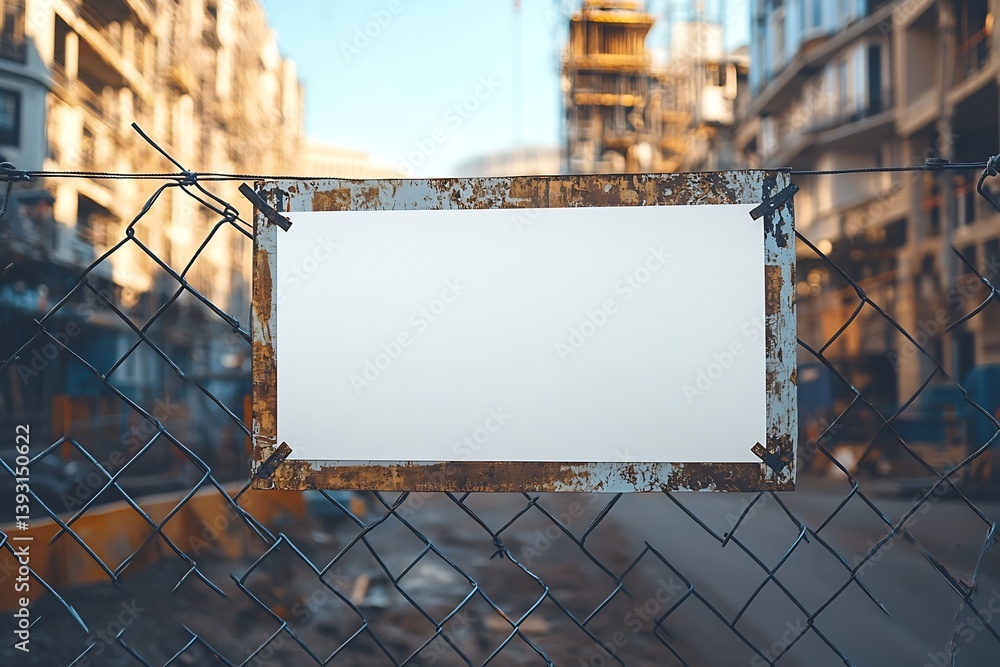 Poster blank white sign on rusty fence at construction site copy space for message urban development real e