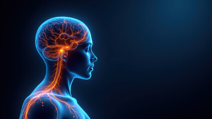Vagus Nerve Stimulation (VNS) Illustration - Human head with highlighted neural pathways.