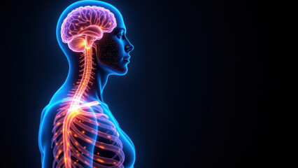 A 3D medical illustration showing a side view of a human head with highlighted neurological structures, including the brain stem and the Vagus Nerve.