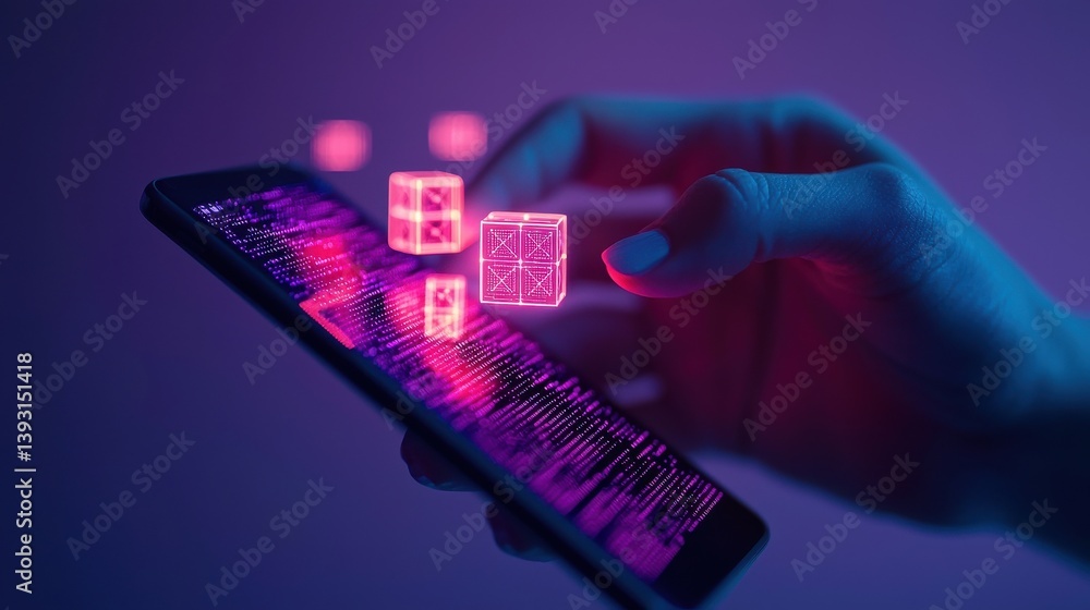 Poster a hand interacts with a smartphone displaying vibrant digital elements, illustrating technology's in
