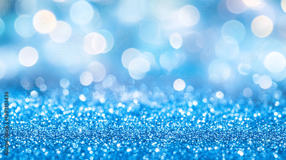 Poster a shimmering blue surface with sparkling glitter and blurred bokeh lights in the background above it