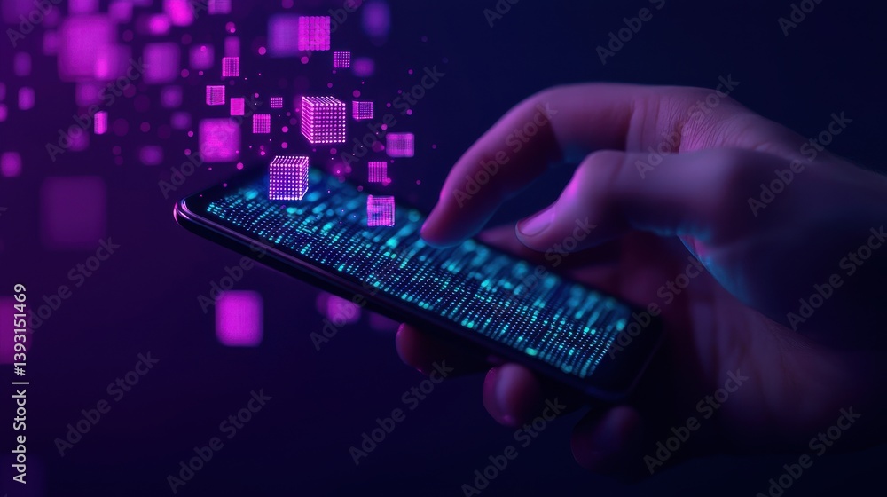Poster a hand interacts with a smartphone, surrounded by vibrant digital cubes, symbolizing technology and 