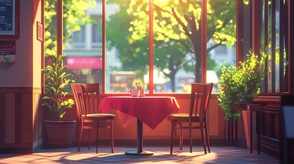 A warm and inviting cafe interior featuring a table and chairs