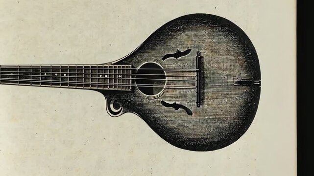 Detailed black and white illustration of a mandolin showcasing craftsmanship and design features