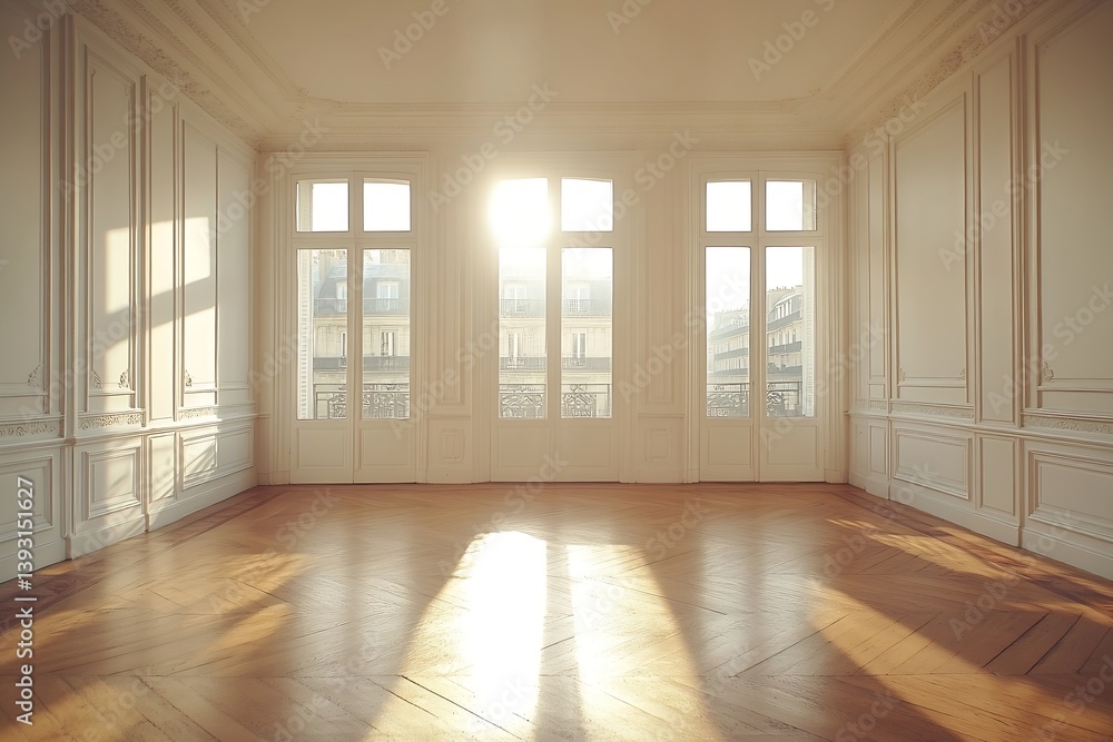 Poster sunlit empty room with parquet floor bright interior with large windows and ornate white walls seren