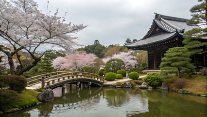 Fototapeta premium Japanese garden temple cherry blossoms bridge pond serene landscape tranquil scene beautiful nature