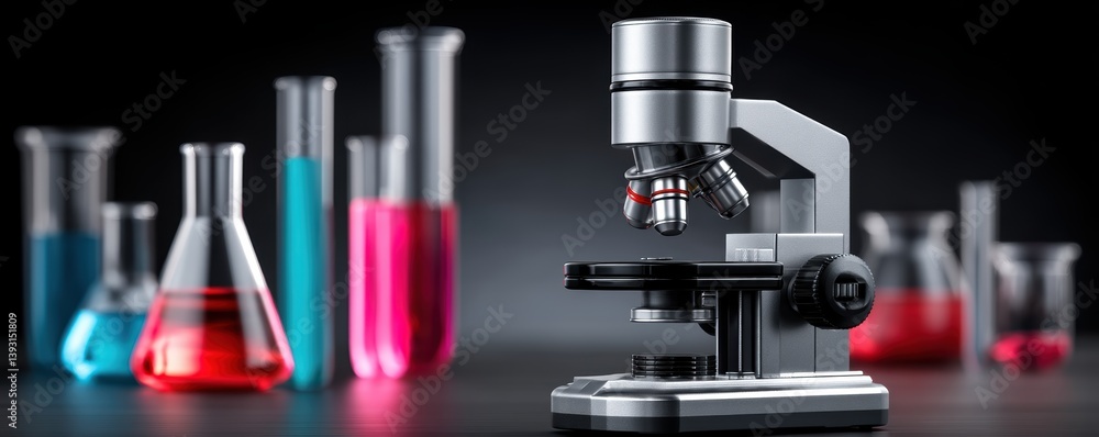 Poster microscope in focus, surrounded by various test tubes and flasks containing vibrant colored liquids 