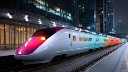 Fototapeta premium Great depression, A sleek, modern train waits at a futuristic station, illuminated by artificial lights against a backdrop of tall buildings.