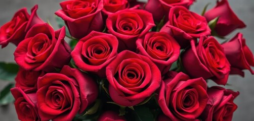 A dozen deep red roses, lush velvety petals, tightly arranged in a classic bouquet, bouquet, petals