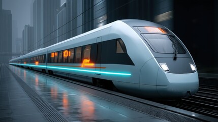 Fototapeta premium Great depression, A sleek, modern train glides through a futuristic urban landscape, illuminated by ambient lighting, showcasing advanced transportation technology.