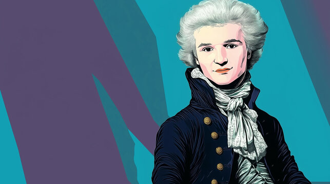 Robespierre reimagined as pop art icon in neon palette with comic book visual effects
