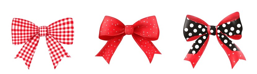 Three Festive Bows Red Gingham, Polka Dot, and Solid Red on White