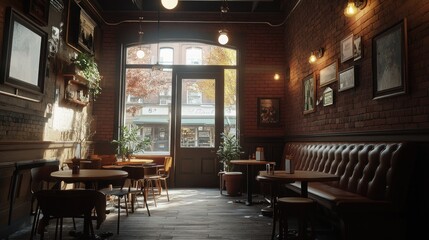 Cozy cafe interior with sunlight streaming through large windows