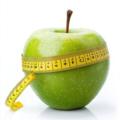 Healthy eating and weight management. A green apple with a measuring tape, symbolizing healthy diet and waistline